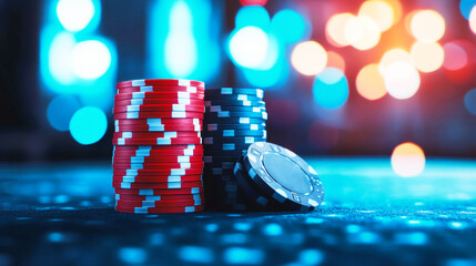 Wall Mural - Brightly lit poker chips stacked on a casino table, signaling excitement for the next game