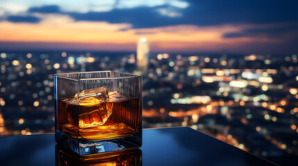 A glass of whiskey on a table in a sky bar with a city night view in the background