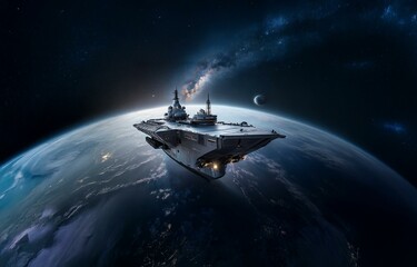 Poster - A futuristic spaceship hovers over a blue and grey planet in the vast expanse of space. The Milky Way galaxy stretches across the background, punctuated by twinkling stars.