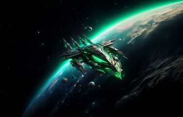 Poster - A dark green spaceship with glowing lights flies through space above a planet with a green atmosphere.