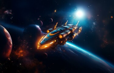 Poster - A futuristic spacecraft soars through space, illuminated by a bright sun.  The vessel flies past planets, stars, and a swirling nebula.