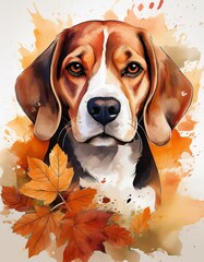 Canvas Print - Beagle pup with fall leaves