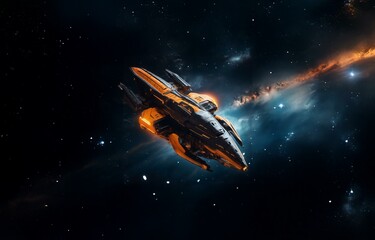 Poster - A futuristic spacecraft soars through a dark expanse of space,  illuminated by the glow of distant stars.