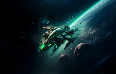 Poster - A futuristic spaceship flies through space, leaving a glowing trail as it passes by a large planet.