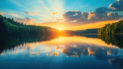 Wall Mural - serene lakeside sunset with vibrant reflections