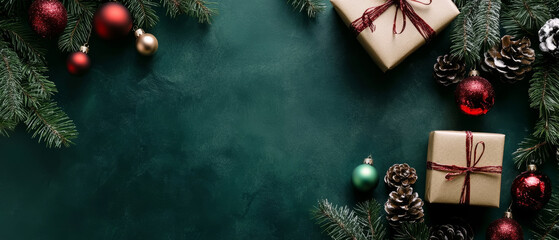 Wall Mural - Horizontal banner web poster, header for website. Christmas New Year background with gift boxes. Festive Xmas composition with gifts