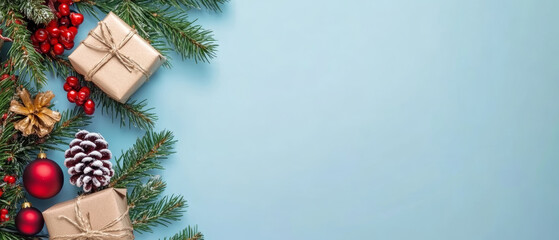 Wall Mural - Horizontal banner web poster, header for website. Christmas New Year background with gift boxes. Festive Xmas composition with gifts