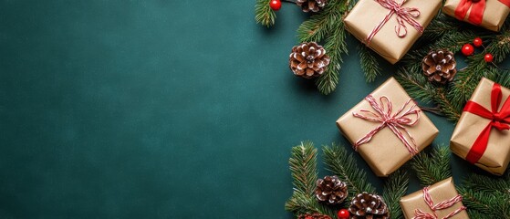 Wall Mural - Horizontal banner web poster, header for website. Christmas New Year background with gift boxes. Festive Xmas composition with gifts