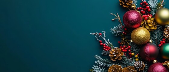 Wall Mural - Horizontal banner web poster, header for website. Christmas New Year background with decorative ornament balls. Festive Xmas composition with decoration bauble