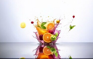 Poster - Fruit slices and raspberries splash into water creating a colorful burst isolated against a white background.