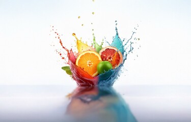 Aufkleber - A colorful splash of water with citrus fruit slices in the center, isolated on a white background.