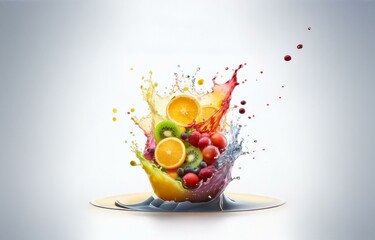 Aufkleber - Isolated fruit slices and berries splashed in water, creating a colorful explosion against a white background.