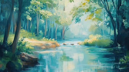 Sticker - Serene Nature Scene with Flowing River and Lush Trees