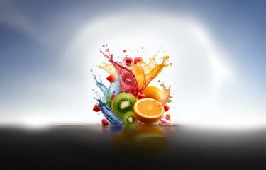 Aufkleber - A vibrant and colorful splash of fruit juice with kiwi, orange, and raspberries isolated against a white background.