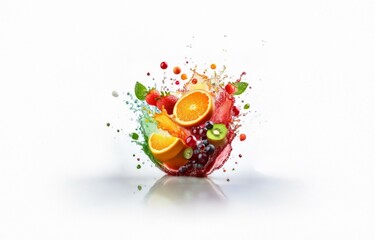 Poster - Fresh fruit with splashes of juice isolated on white background.