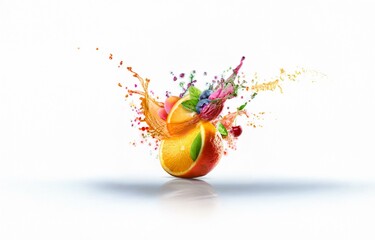 Poster - A burst of colorful fruit juice with an orange slice at the center, isolated against a white background.