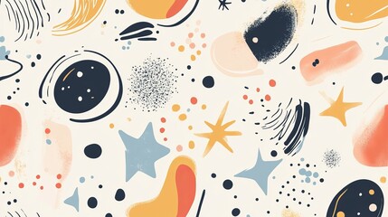 Poster - Playful doodle pattern background with abstract shapes and dots in pastel colors, perfect for modern banner design, flyers, digital covers, and creative projects featuring whimsical hand-drawn element