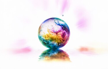 Poster - A colorful sphere of swirling liquid encased in a transparent orb, isolated against a white background with faint pastel hues.