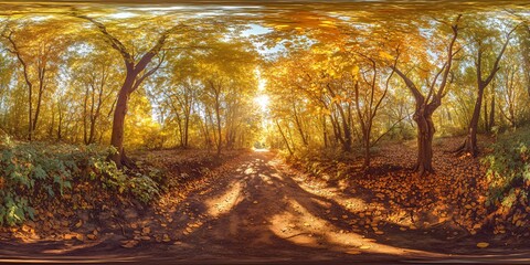 Wall Mural - golden autumn forest path with leaves on ground, sunlight shining through trees.