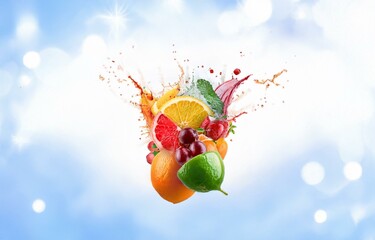Aufkleber - A splash of colorful fruit and juice, isolated on a white background.