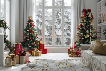 Wall Mural - Christmas tree in a cozy living room adorned with twinkling lights, surrounded by wrapped presents and stockings hung with care.