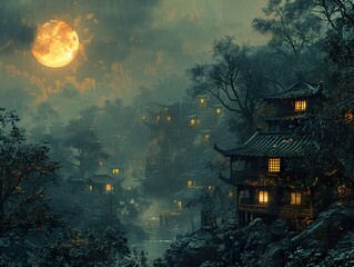 Canvas Print - Rainy Night in a Mystical Forest Village