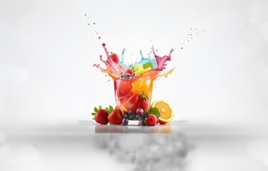 Poster - Isolated glass with colorful fruit and juice splashing on a white background.