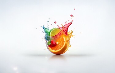 Aufkleber - A splash of colorful liquid surrounds a slice of orange, lime, and strawberry on a white background.