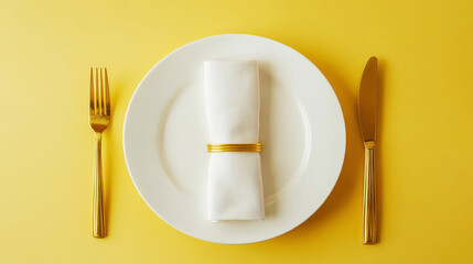 Minimalist served white plate with golden fork and knife, copy space, yellow background. Generative AI