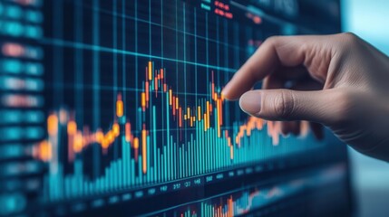 Close-up of a hand interacting with a financial graph on a digital screen, representing stock market analysis and trading.