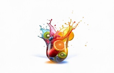 Poster - Isolated colorful fruit and juice splash on a white background.