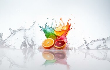Aufkleber - Isolated citrus fruit halves with vibrant colors and a water splash on a white background.