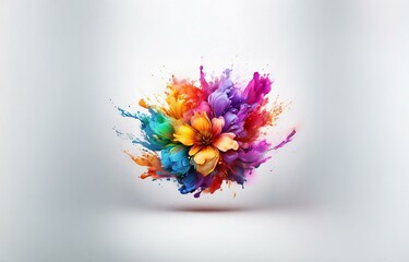 A vibrant, colorful explosion of paint in the shape of a flower, isolated on a white background.