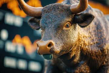 Close-up of a majestic bull statue symbolizing strength and financial prosperity in stock market trends.