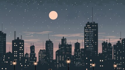Wall Mural - Night City Skyline with Moon and Stars