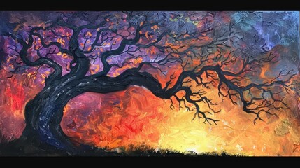 Wall Mural - Colorful Abstract Tree at Dusk with Dramatic Background