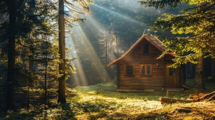 Poster - Serene Cabin in Lush Forest with Sunlight Rays