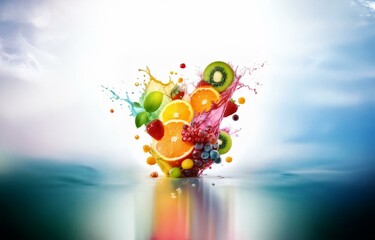 Poster - Fresh fruit splashing into water against a white background.