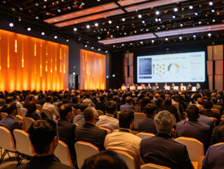 Sticker - An international business summit where diverse leaders are presenting innovative ideas.