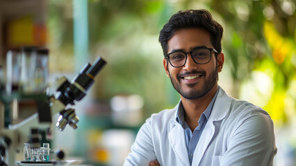 Indian Man Biologist - scientist, laboratory, microscope, research, professional, glasses, lab coat, smiling, chemistry, biology, science, experiment, analysis