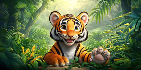 Canvas Print - Playful cartoon tiger character in a jungle setting, tiger, cartoon, character, playful, jungle, wild, animal,fun, cute