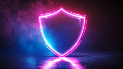 Sticker - Neon shield glowing on dark background providing cyber security