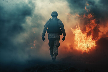 The soldier is wearing military equipment. The action takes place on the battlefield amid smoke. Military operation, military action concept.