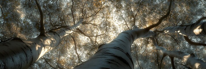 Wall Mural - looking up at the sun-dappled canopy of a birch tree forest.
