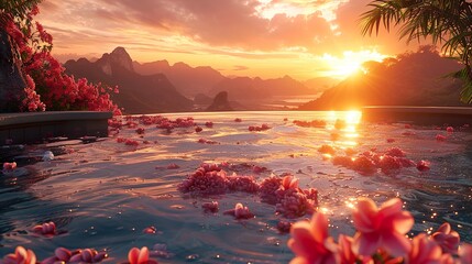 Canvas Print - Tropical Sunset Over Mountain Range With Infinity Pool