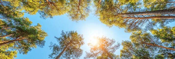 Wall Mural - looking up through the canopy of trees into a bright blue sky with the sun shining through the branc