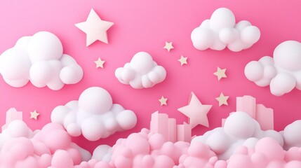 Wall Mural - whimsical 3d rendering of soft pastel pink paper clouds and stars, dreamy and playful sky-themed bac