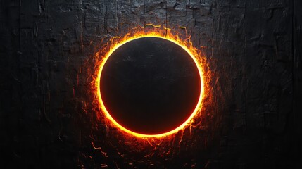 Wall Mural - round burning frame on a dark grunge stone wall is glowing with fiery light