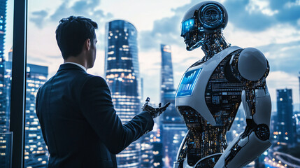 Businessman and Robot AI Meeting in Modern Cityscape