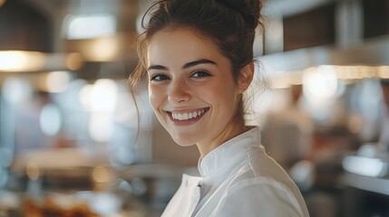 confident and smiling female chef posing at her workplace in the restaurant kitchen reflecting her skills and experience in the culinary and hospitality industry